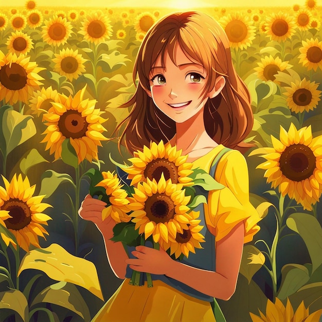 A cute girl in sunflower garden with yellow dress illustration