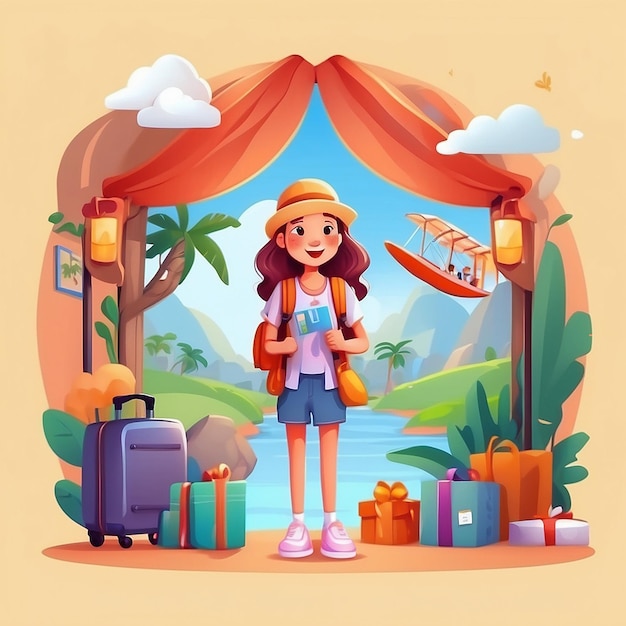 Photo cute girl traveling cartoon illustration