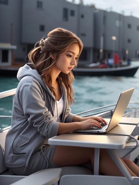 a cute girl using laptop on boat