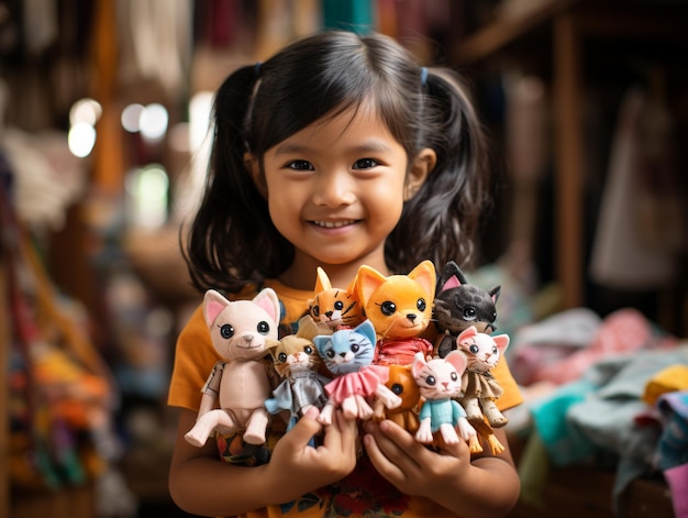 A Cute girl using two felt hand puppets Bright colorful candy background