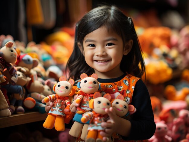 A Cute girl using two felt hand puppets Bright colorful candy background