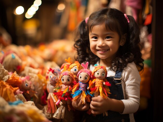 an Cute girl using two felt hand puppets Bright colorful candy background