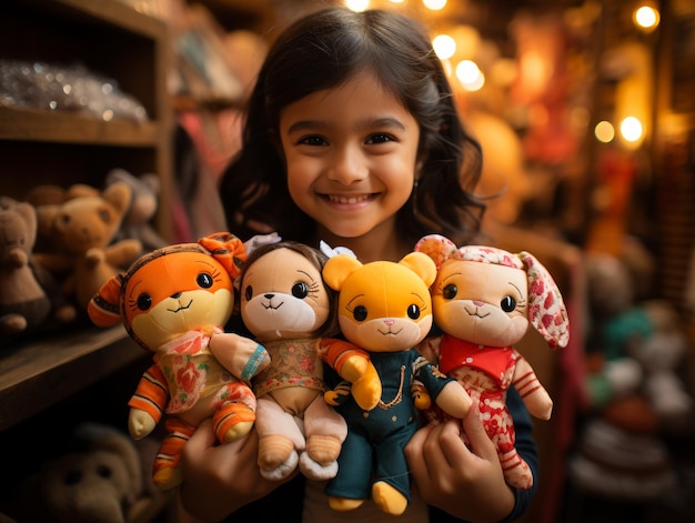 an Cute girl using two felt hand puppets Bright colorful candy background