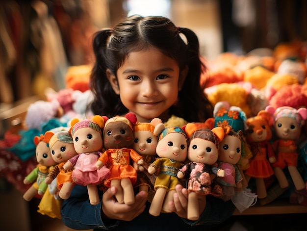 an Cute girl using two felt hand puppets Bright colorful candy background