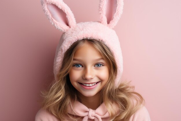 cute girl wearing easter bunny ears ai generated