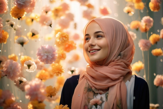 cute girl wearing hijab very pretty summer vibe filled with flowers