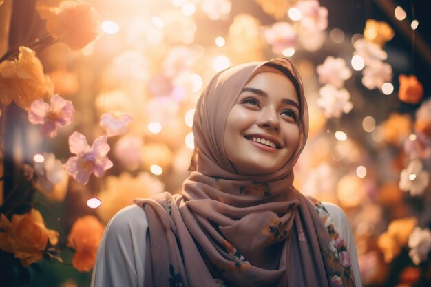 cute girl wearing hijab very pretty summer vibe filled with flowers