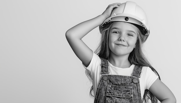 A cute girl wearing overalls and a helmet smiling while putting on the hard hat with one hand again