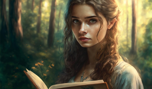 A cute girl with dark hair is reading a book in a forest with trees and shimmering sunlight (art)