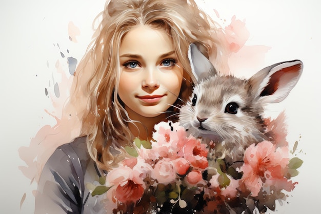 Cute girl with easter bunny and pink flowers watercolor style art portrait