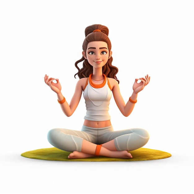 cute girl with freckles doing yoga in the lotus position in 3D cartoon style on a white background