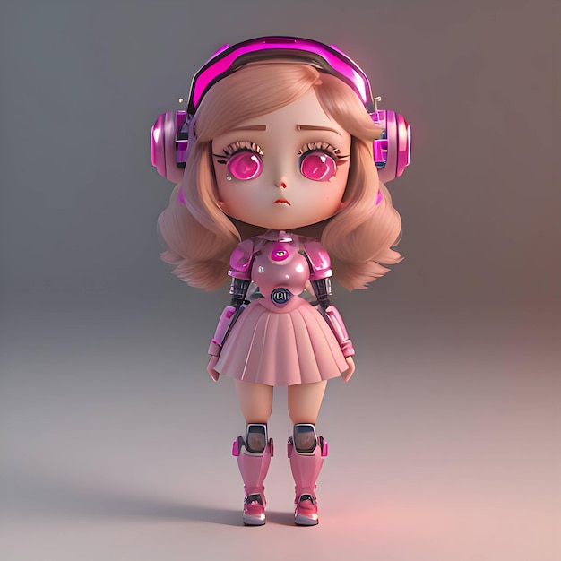 Cute girl with pink bionic robot