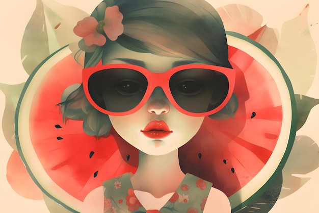 A cute girl with red sunglasses and watermelon on background