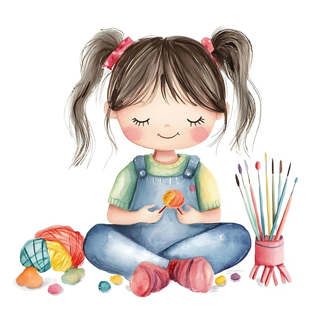 Photo cute girl with watercolor illustration of knitting yarn and painting brushes