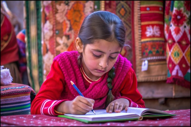 Cute girl writing on a paper at home