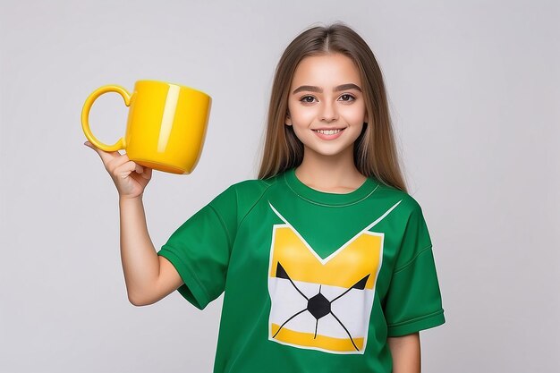 Photo a cute girl in a yellow football shirt is holding a large green mug in her hands white background