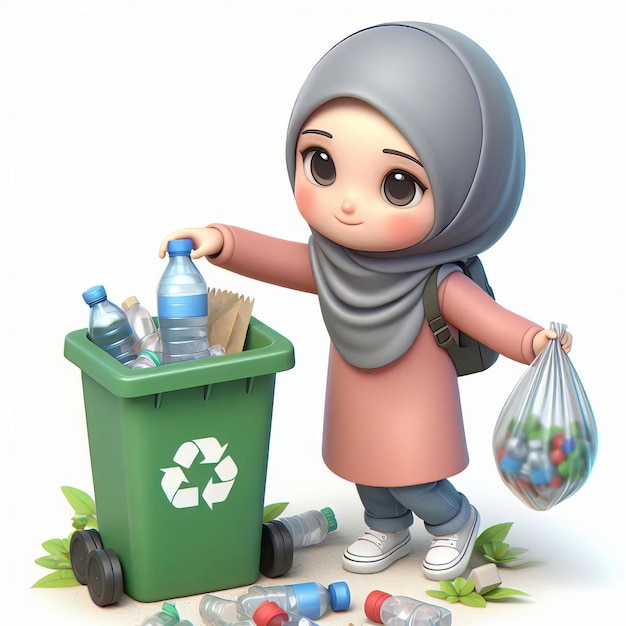 a cute girls wear a hijab is throwing plastic rubbish into a trash can isolated on white background