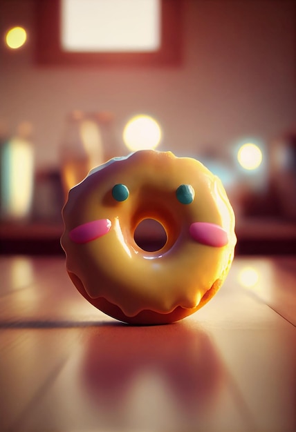 Cute glazed donut with smiling face on table surface