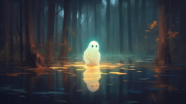 Cute glowing ghost in a swamp