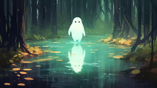 Cute glowing ghost in a swamp