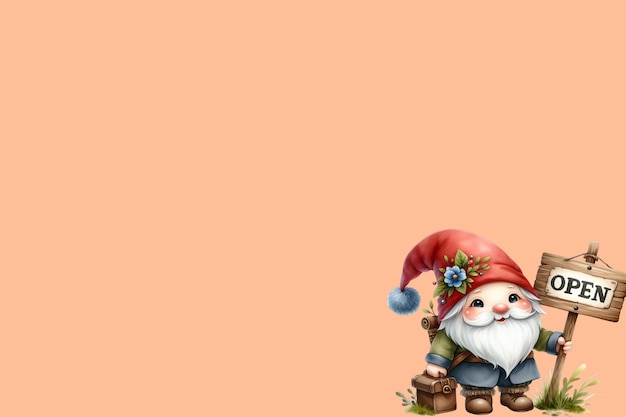 Cute gnome holding open signs peach fuzz background