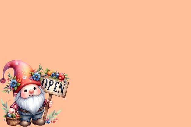 Cute gnome holding open signs peach fuzz background