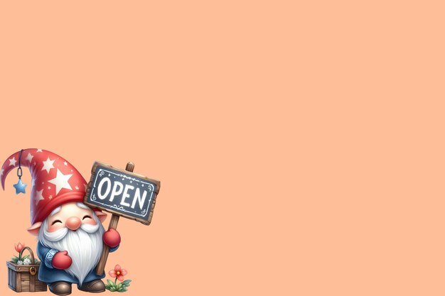 Cute gnome holding open signs peach fuzz background