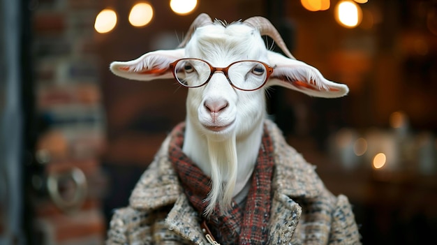 cute goat dressed in a coat pent and glasses blur lighting background