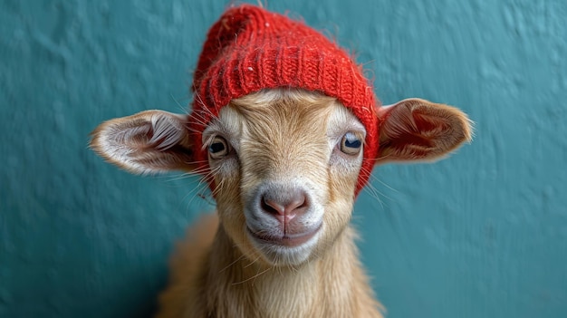 Photo cute goat in red hat