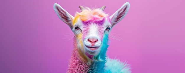 A cute goat with wool dyed in a mix of candy colors such as bubblegum pink sky blue and lemon