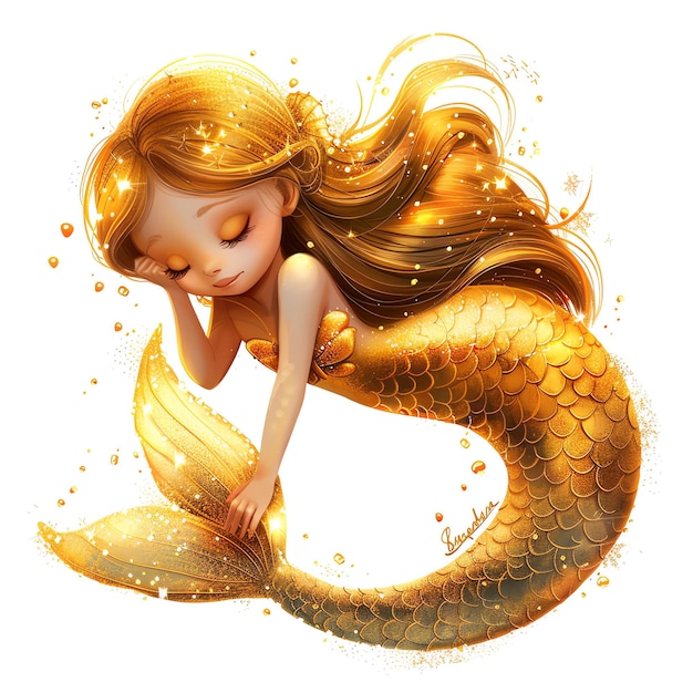 cute gold mermaid marine style illustration