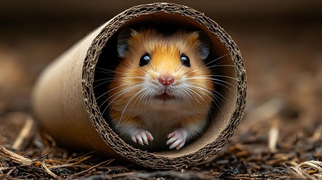 Photo cute golden hamster peeking from cardboard tube realistic photo