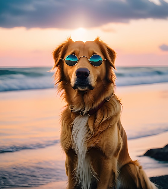 Cute golden labrador retriever at sandy tropical ocean beach in sunset generative ai