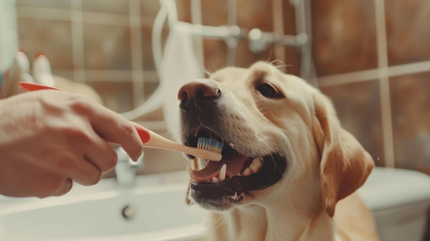 Cute golden retriever dog brushing his teeth in the bathroom