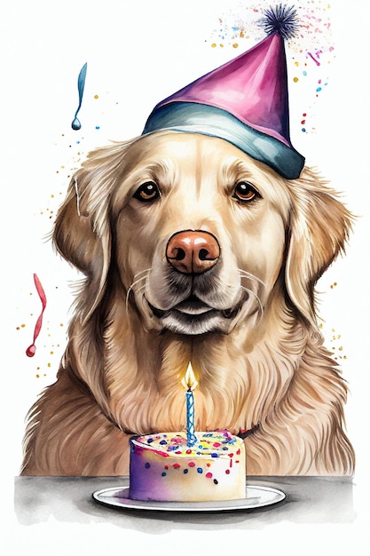 Cute golden retriever dog in festive hat celebrating birthday watercolor AI generative illustration