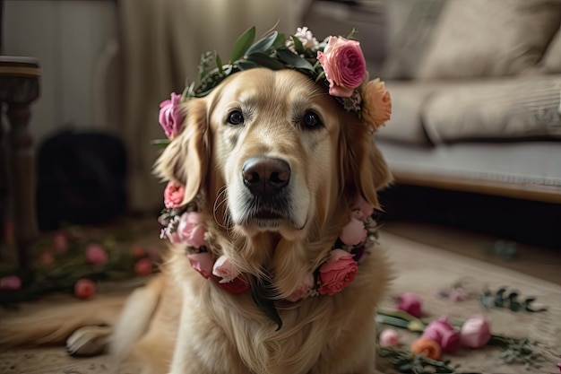 Cute golden retriever indoors wearing a garland composed of lovely flowers Generative AI