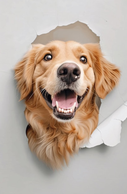 Photo cute golden retriever peeking through a cardboard cutout