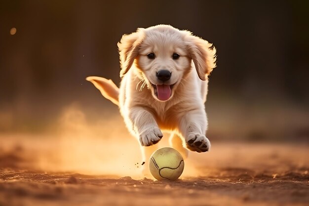 Photo cute golden retriever playing outdoor and copy space