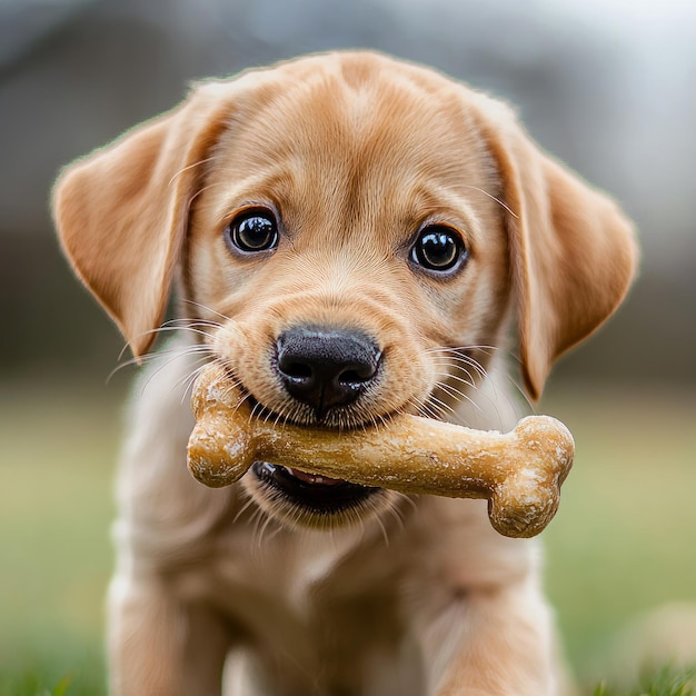 A cute golden retriever puppy holding a bone in its mouth looking at the camera with big brown eyes