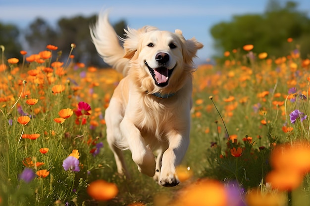 Cute golden retriever running in a field of flowers in summer Happy joy and playful Generative AI