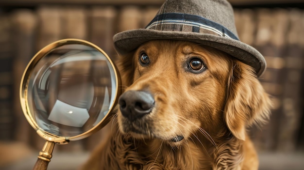 A cute golden retriever wearing a fedora and holding a magnifying glass