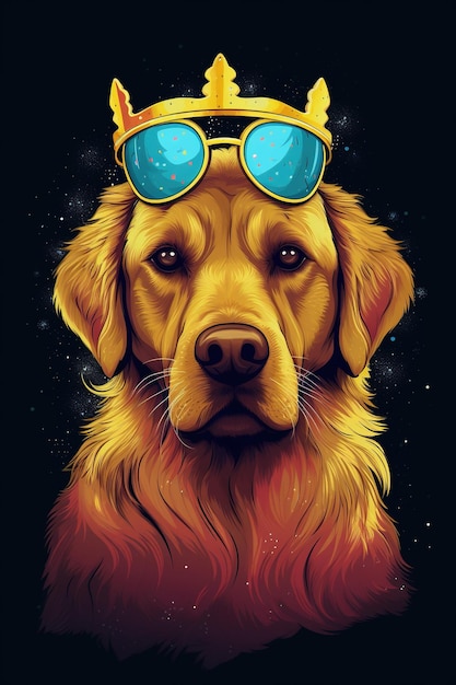 Cute Golden Retriever wearing golden crown and sunglasses gradient colors