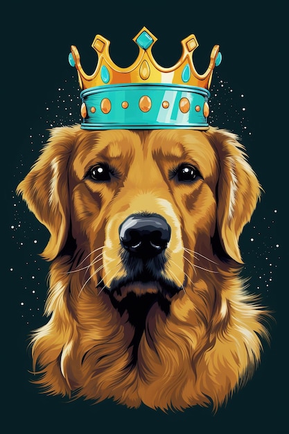 Cute Golden Retriever wearing golden crown and sunglasses gradient colors