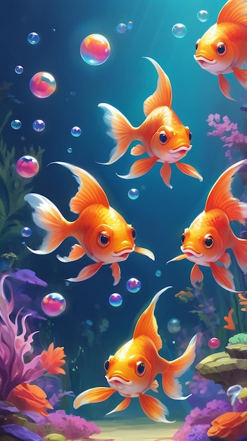 Cute Goldfish in a Fantasy Underwater World with Coral and Bubbles