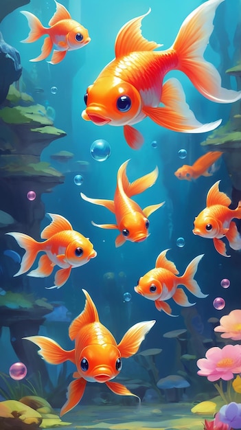 Cute Goldfish in a Fantasy Underwater World with Coral and Bubbles