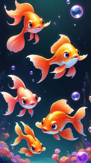 Photo cute goldfish in a fantasy underwater world with coral and bubbles