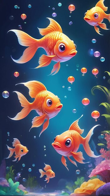 Photo cute goldfish in a fantasy underwater world with coral and bubbles