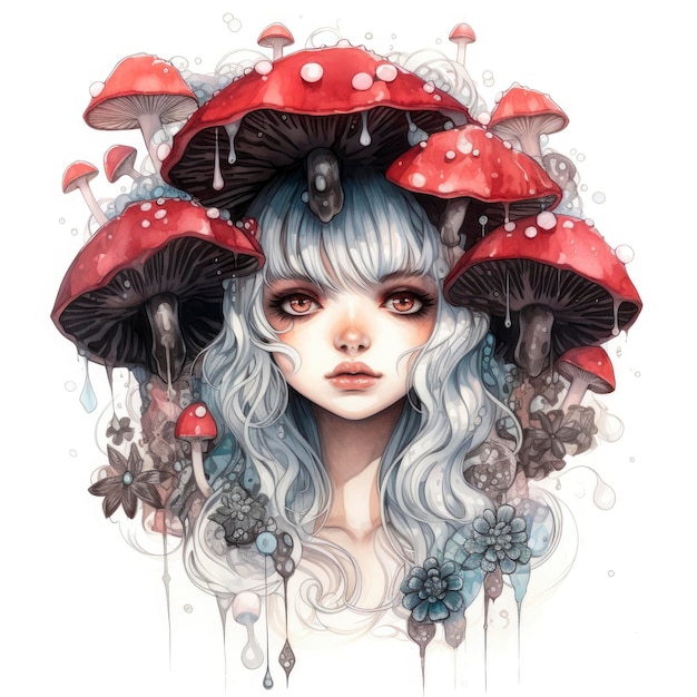 Cute goth mushroom girl with crystals drawing