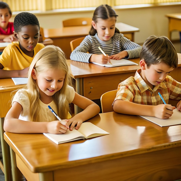 The cute grail pupils writing at desk in classroom from japan