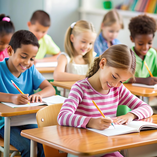 The cute grail pupils writing at desk in classroom from japan